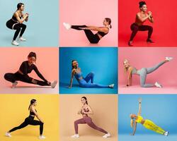 Several individuals practice different workout routines across colorful backgrounds. Each person focuses on a unique exercise, showcasing a variety of fitness styles and movements. photo