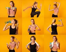 A woman engages in multiple workout poses, showcasing exercises with weights, hydration, and listening to music, all set against a vibrant yellow background, promoting an active lifestyle. photo