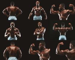 A muscular African American athlete confidently poses in various stances, highlighting strength and physique in a well-lit indoor studio setting. The focus emphasizes definition and form. photo