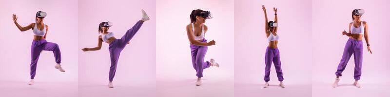 A young woman enthusiastically performs various movements while wearing a virtual reality headset. She showcases her energy and fitness during an interactive workout session. photo