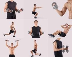 A man in a black tank top and shorts engages in different weightlifting exercises, showcasing strength and fitness. The workout includes squats, lunges, and arm curls in a bright space. photo