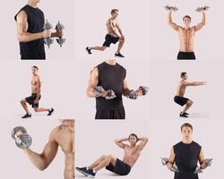 A fit individual showcases a range of strength training exercises, including lunges, squats, and lifts. The workout takes place in a spacious indoor setting, emphasizing fitness and health. photo