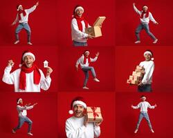 A cheerful man dressed in a Santa hat and red scarf is engaging in various festive activities. He holds gifts, dances, and displays excitement, embodying the holiday spirit in a vibrant setting. photo