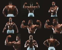 A muscular athlete flexes and poses confidently, demonstrating his strength and physique against a dark backdrop. The individual showcases different angles and expressions, highlighting dedication. photo