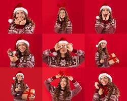 A cheerful lady wearing a Santa hat and festive sweater showcases various joyful expressions while interacting with gifts, embodying the spirit of the holiday season in a vibrant red background. photo