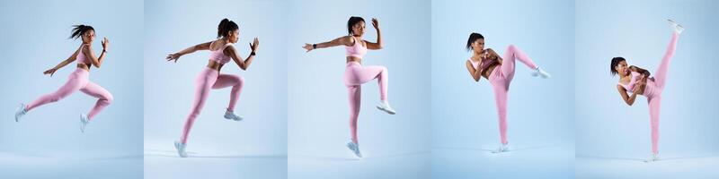 A dancer black lady in pink activewear performs a sequence of energetic moves against a light blue background. The motion highlights agility and skill, emphasizing the grace of each jump. photo