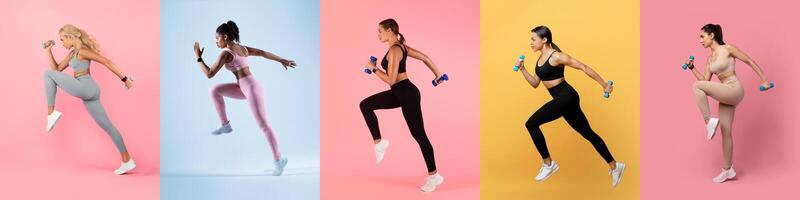 A group of women is engaged in various exercises using dumbbells, showcasing strength and fitness. The vibrant backgrounds add energy to their dynamic movements, promoting an active lifestyle. photo