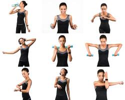 African American young woman performs multiple exercises at home, showcasing her workout techniques and using light weights. She demonstrates enthusiasm and focus during her fitness routine. photo