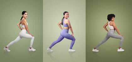 Three women are demonstrating various lunging poses in a modern studio. They wear stylish athletic outfits, each in a different color, highlighting dynamic movement and fitness. photo