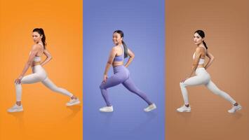Three women perform lunging exercises against vibrant backgrounds. Each is wearing stylish, fitted athletic wear, showcasing diverse poses and fitness techniques in an indoor setting. photo