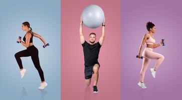 A group of individuals engages in various fitness activities indoors, showcasing a dynamic workout environment with colorful backgrounds and exercise equipment. photo