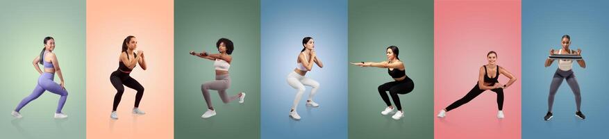 A group of women in activewear is engaged in various squat exercises against vibrant, colorful backgrounds. They demonstrate different techniques, showcasing their strength and energy. photo