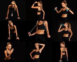 A woman performs various fitness exercises in a dark studio, displaying strength and agility with weights, resistance bands, and focused movements showcasing her dedication to fitness. photo