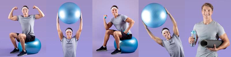 A man engages in various fitness routines using a stability ball. Dressed in athletic wear, he showcases strength and balance while smiling, creating an energetic atmosphere in a well-lit room. photo