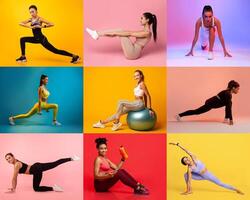 A diverse group of women performs different workout routines, showcasing flexibility and strength in vibrant colored backgrounds. Each woman displays unique exercises in a creative format. photo