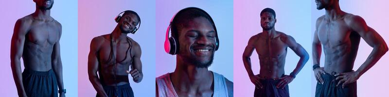A young black man with a fit physique is exercising and listening to music through headphones. The vibrant lighting in the studio creates a dynamic atmosphere as he smiles, enjoying the rhythm. photo