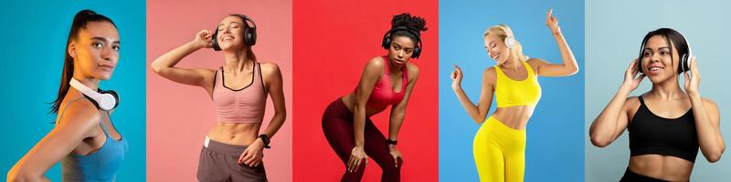 A diverse group of five women, wearing vibrant workout clothing, are engaged in various activities while wearing headphones. They display joy and enthusiasm in a colorful setting. photo