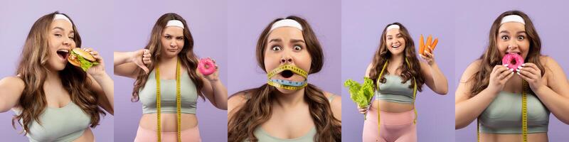 Obese woman engages with various food items, wearing a measuring tape around her face and smiling. She showcases fun expressions while highlighting the contrast between food and body image. photo