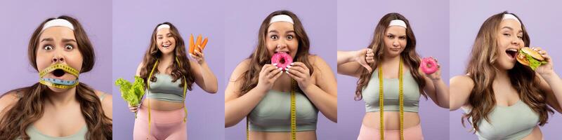 Chubby woman showcases a fun contrast between healthy and indulgent foods, using measuring tape as she poses with various snacks, reflecting the balance of diet and enjoyment. photo