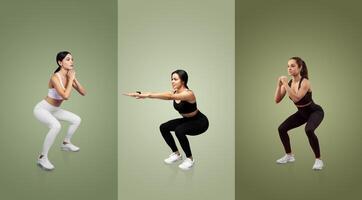 A fitness enthusiast showcases three types of squats in different athletic outfits. This demonstration highlights proper posture and form for effective exercise routines. photo