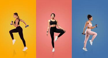 Three women perform different exercises with dumbbells against bright backgrounds, showcasing their fitness routines and active lifestyles during a workout session. photo