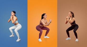 Three women perform squat exercises in a fitness studio, each wearing colorful athletic wear against bold backgrounds. They focus on form and balance during their workout session. photo