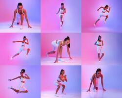 A fitness enthusiast performs a variety of dynamic exercises in a colorful studio setting. The vibrant backdrop enhances her athletic movements, capturing energy and focus. photo