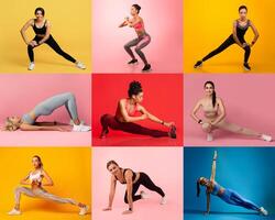 A group of women engages in different workout routines, showcasing flexibility and strength. The vibrant backgrounds enhance the energetic atmosphere of the fitness session. photo
