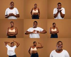 Chubby black woman displays a range of emotions including happiness, surprise, and love in a studio with a neutral background. Her poses convey confidence and positivity throughout the composition. photo