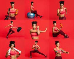 African American fit woman performs a series of dynamic exercises, showcasing strength and agility in different poses. The bright red background enhances her energy and focus while exercising. photo