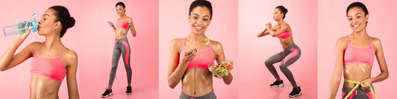 A fitness enthusiast engages in various healthy activities, including drinking water, eating a salad, and performing exercises against a vibrant pink background, showcasing an active lifestyle. photo