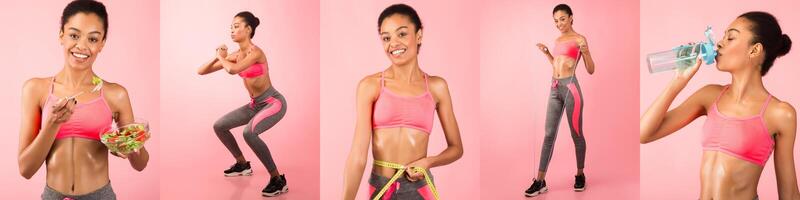 A young woman is smiling while juggling various health-related activities, including exercising, eating a salad, and hydrating. The bright pink backdrop enhances the lively atmosphere of wellness. photo