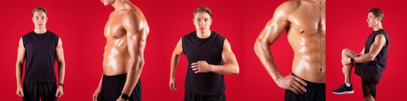 A fit man showcases multiple athletic poses, flexing his muscles and demonstrating running and stretching techniques. The bright red backdrop enhances the dynamic nature of his movements. photo