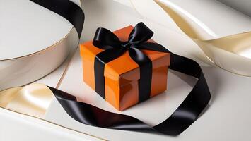Orange gift box with black satin ribbon placed on a glossy cream background. Luxurious gift presentation photo