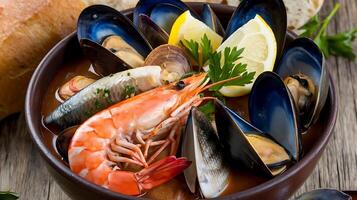 A bowl of seafood soup with bread and a slice of lemon photo