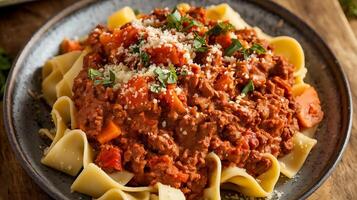 Chicken and pasta with tomato sauce photo