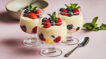 Three glasses of dessert with berries and mint photo
