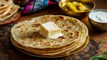 Indian flatbreads with butter and yogurt photo