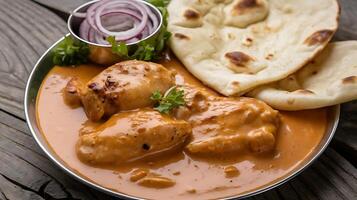 Chicken tikka masala with naan and onion photo