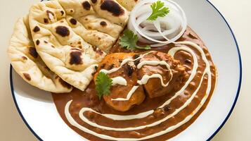A plate of food with chicken and naan bread photo