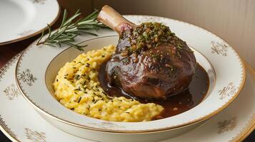 A plate with a meat and mashed potatoes on it photo