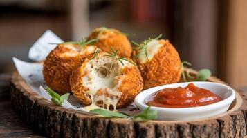 A plate with cheese balls and sauce on it photo