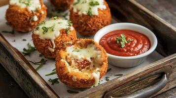 A tray with some meat balls and sauce photo