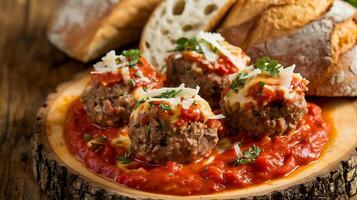 Meatballs with tomato sauce and bread on a wooden plate photo