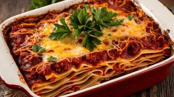 Lasagna with cheese and tomato sauce photo