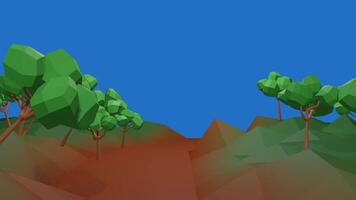 Low poly 3D trees moving slowly forward. Nature intro animation with a blue background video