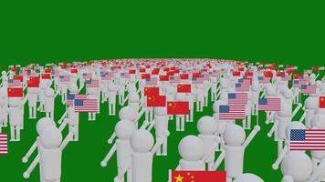 3d model statue holding american and china flag. Animated figures show country identity with green background. 3d rendering video