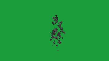 Flying pebbles form a vortex in the air with a green background. 3d rendering video