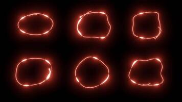 A set of hand drawn glowing red scribble circles designed on a black background. Neon bubbles with flashing lights video