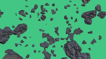 Floating 3d stone fragments on green background. 3d rendering video